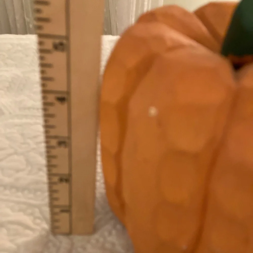 Solid Wood Hand Carved Pumpkin Green Stem Lots of Details